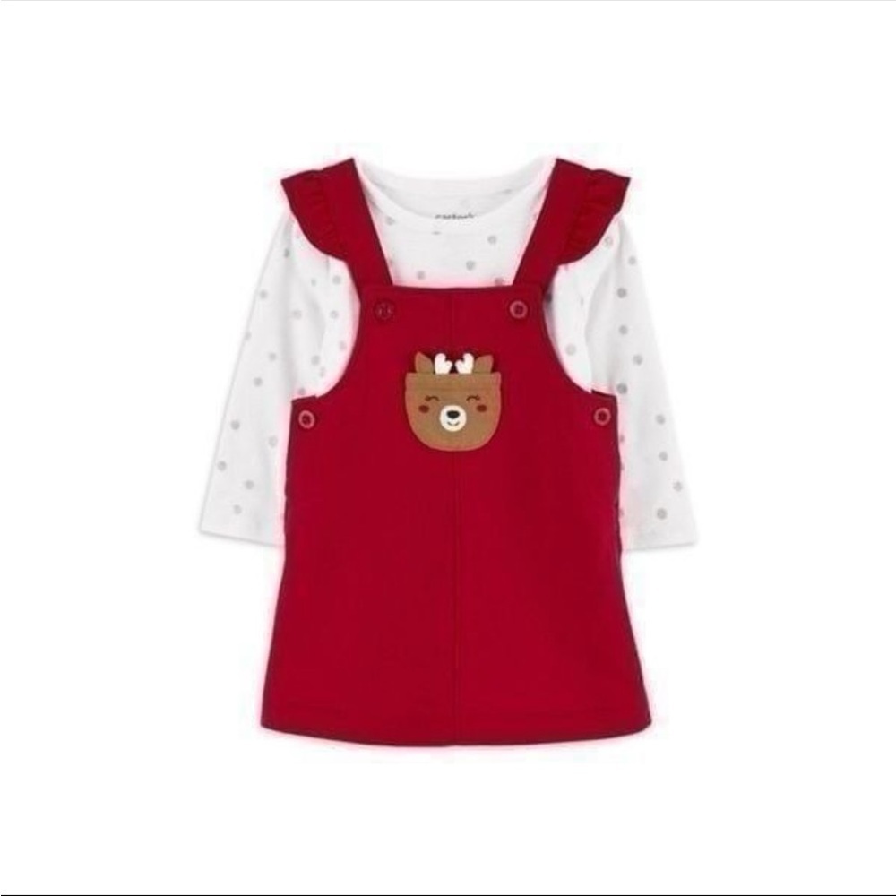 NWT Carters 2 Piece Set Christmas Reindeer Outfit Red Dress Jumper Size 3-6 Mos - Picture 2 of 7